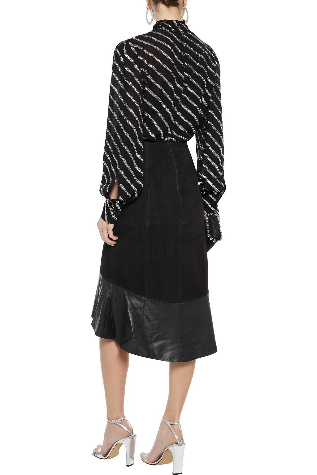 ALICE + OLIVIA Kina fluted leather-paneled suede skirt
