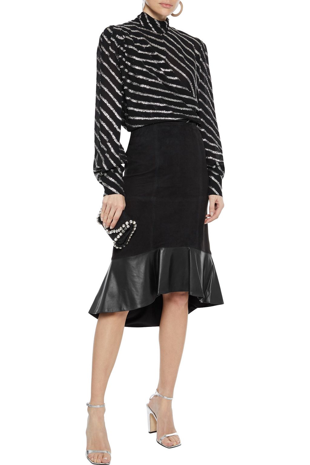 ALICE + OLIVIA Kina fluted leather-paneled suede skirt
