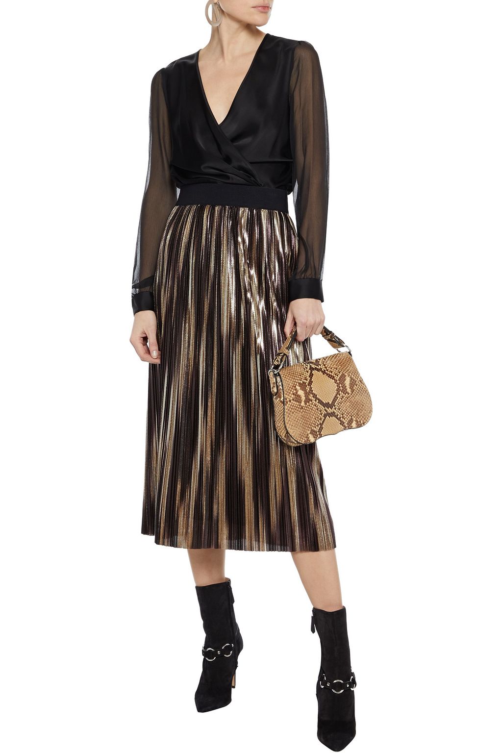 ALICE + OLIVIA Mikaela pleated two-tone lamé midi skirt