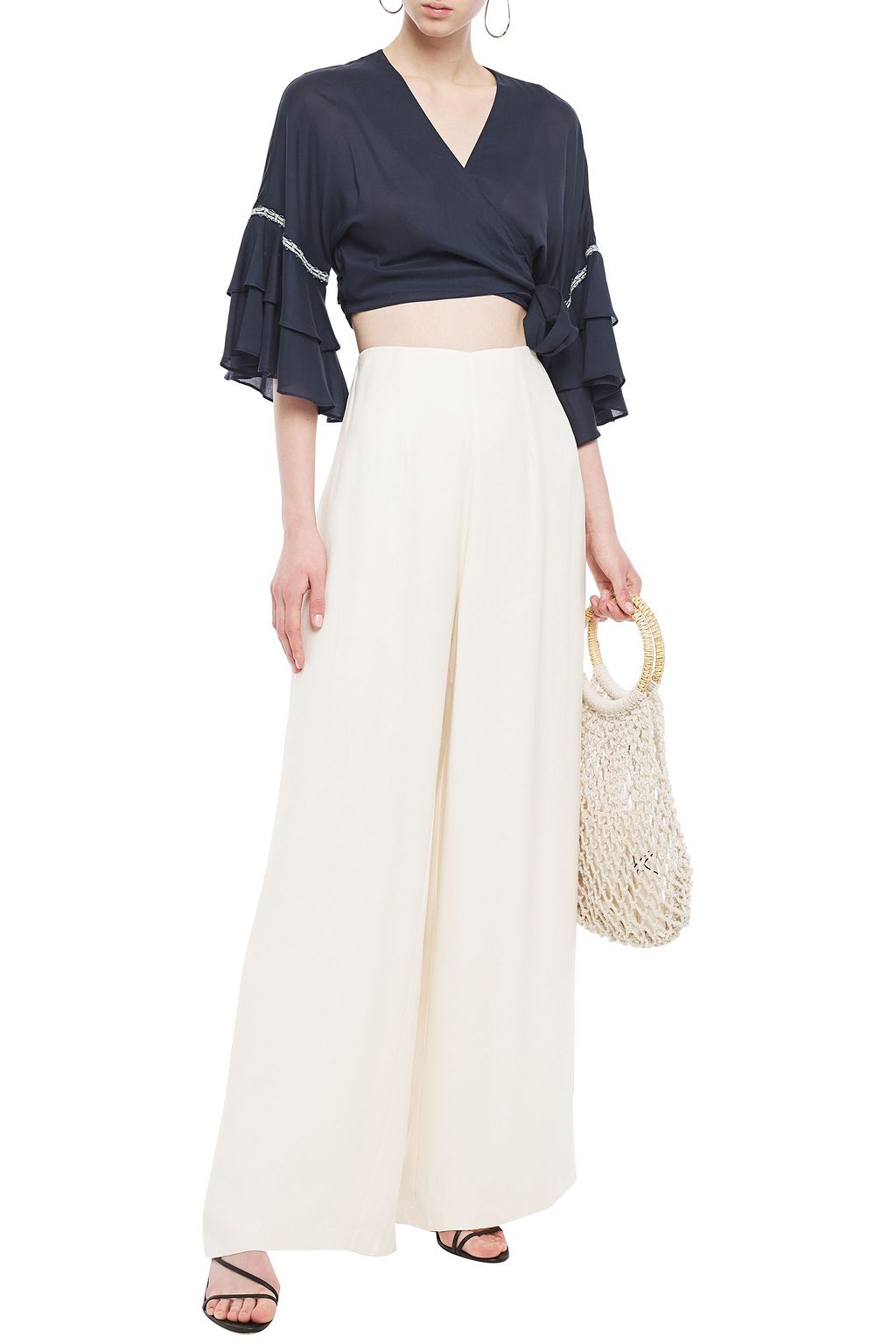 SIMKHAI Crochet-trimmed ruffled Tencel-gauze wrap top