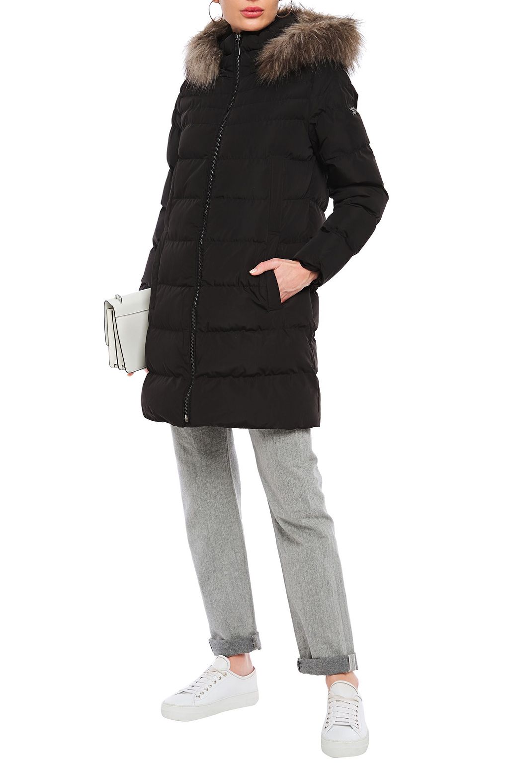 DKNY Faux fur-trimmed quilted shell hooded coat
