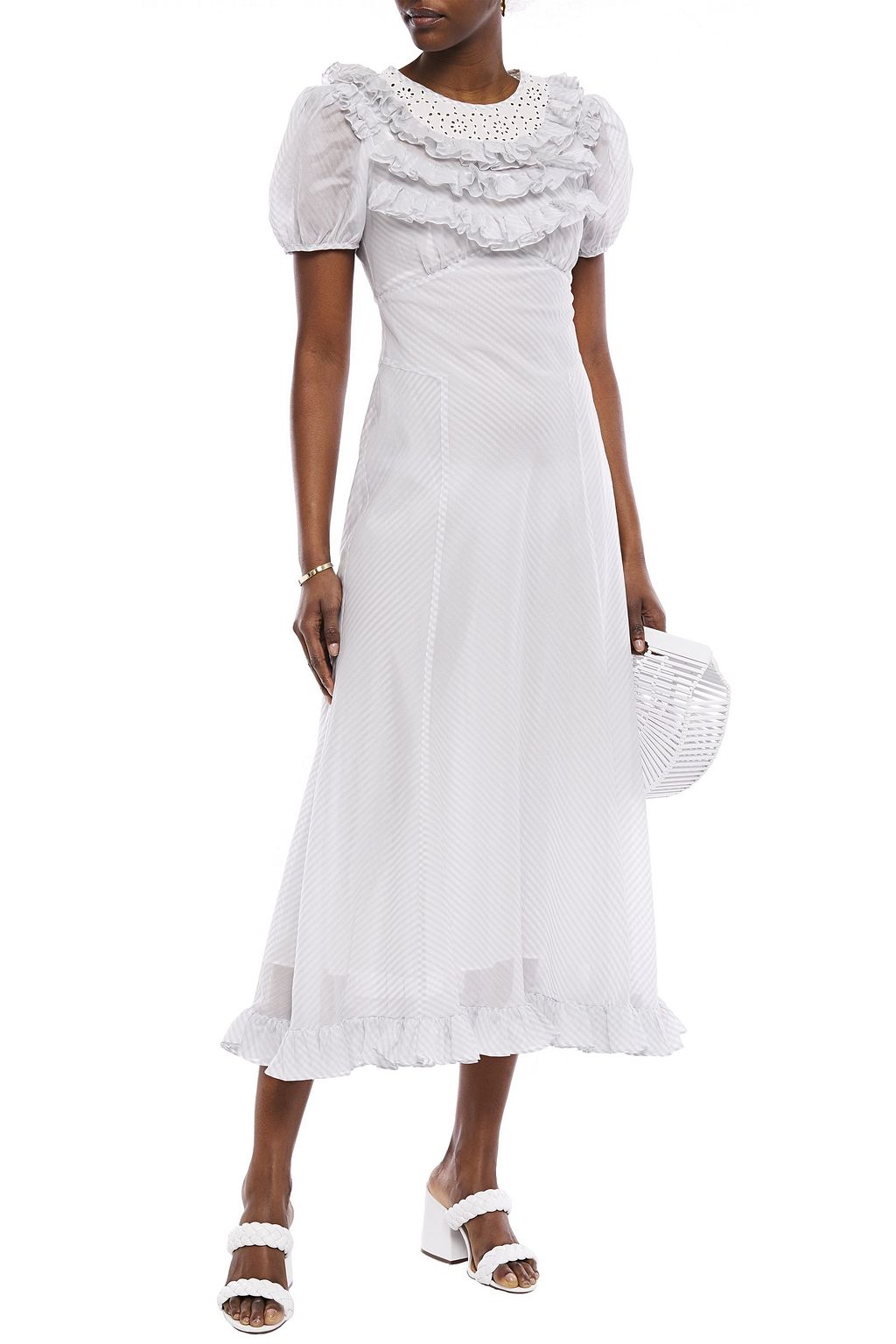 ALEXACHUNG Ruffled broderie anglaise-paneled striped voile midi dress