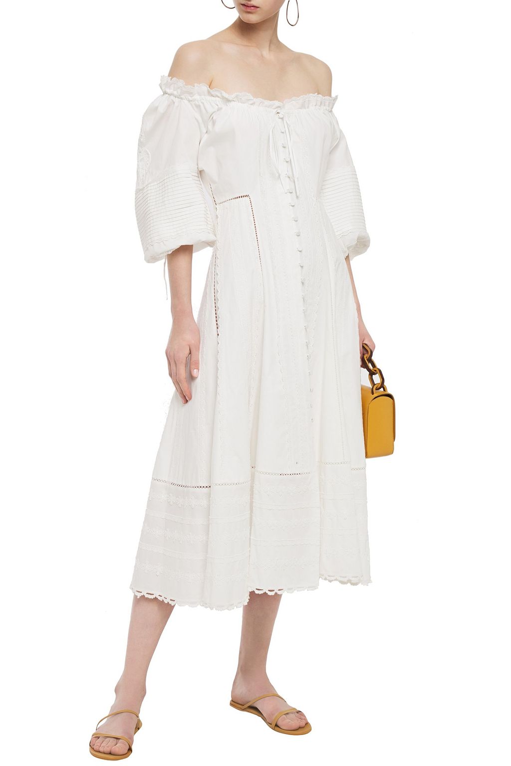 SIMKHAI Off-the-shoulder crochet-trimmed cotton midi dress