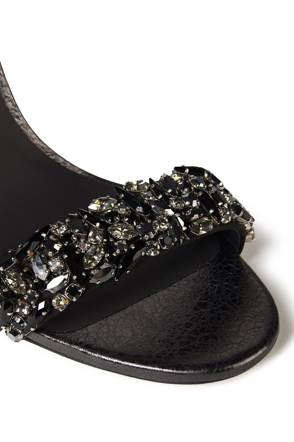 RENE' CAOVILLA Celebrita crystal-embellished satin-paneled textured-leather sandals