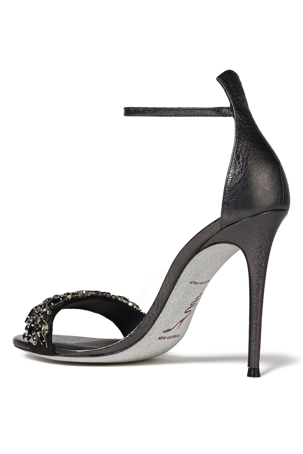 RENE' CAOVILLA Celebrita crystal-embellished satin-paneled textured-leather sandals