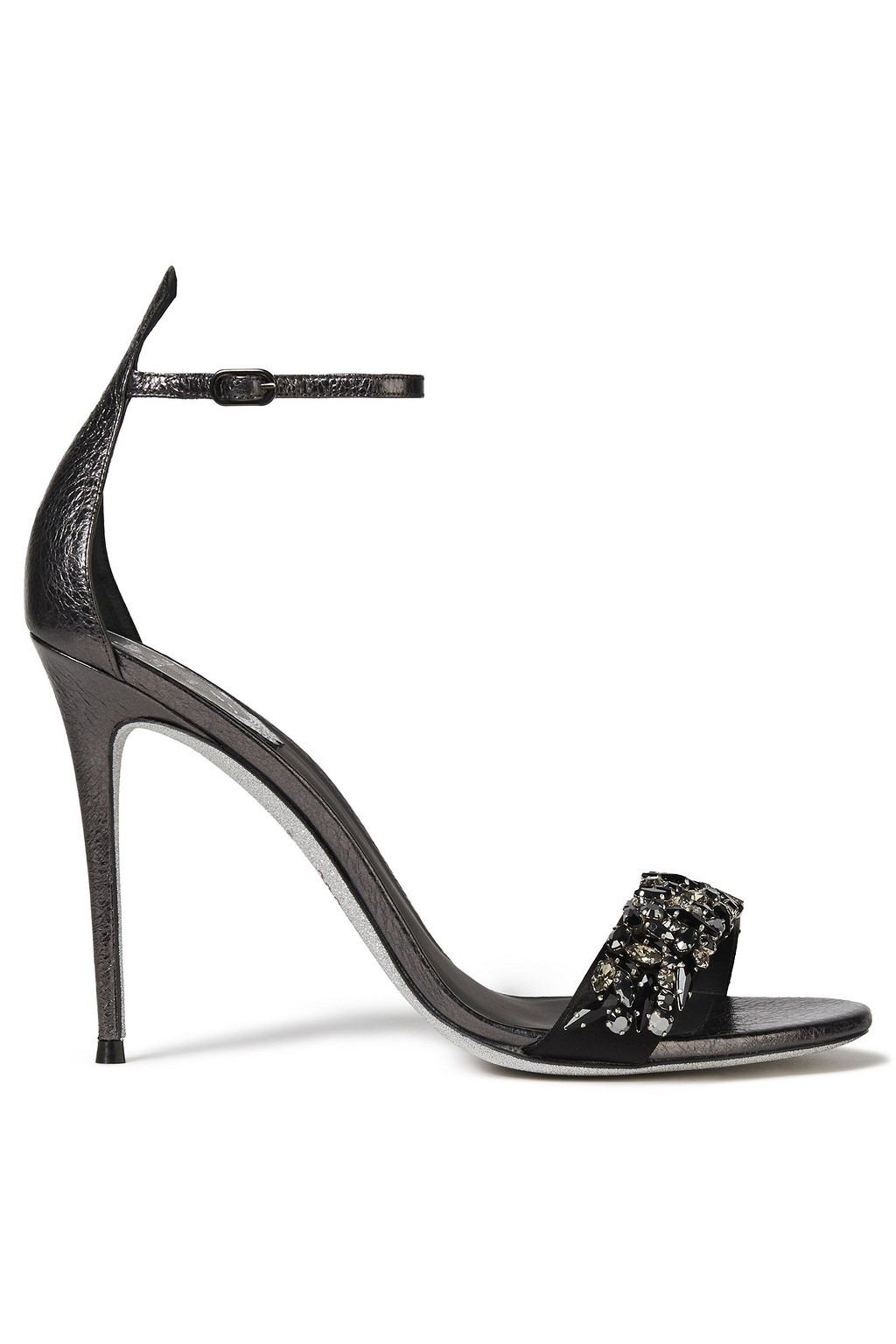 RENE' CAOVILLA Celebrita crystal-embellished satin-paneled textured-leather sandals