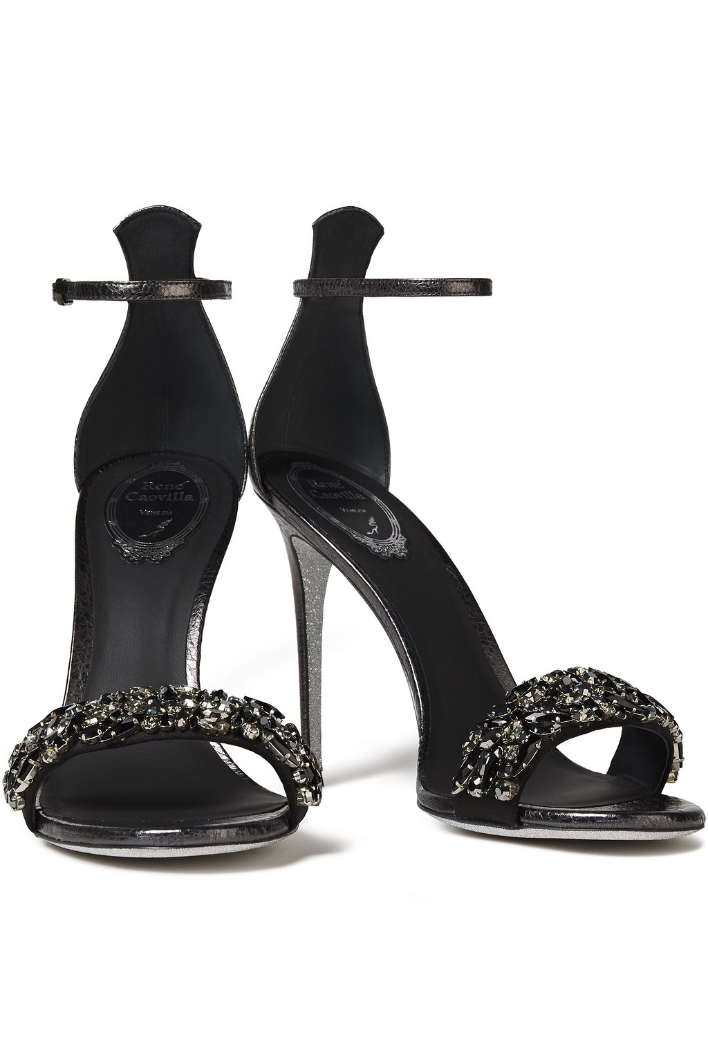 RENE' CAOVILLA Celebrita crystal-embellished satin-paneled textured-leather sandals