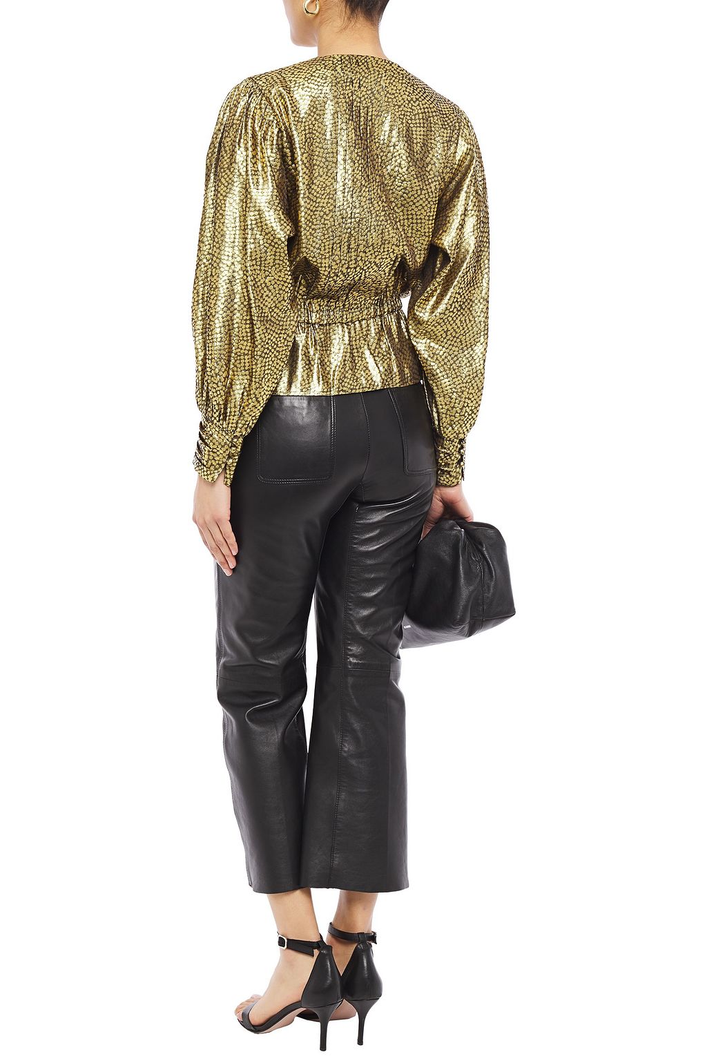 JOIE Nadeen wrap-effect metallic jacquard peplum top