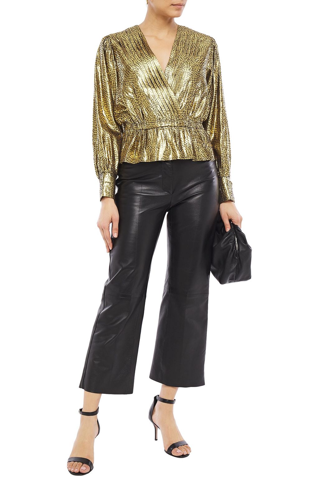 JOIE Nadeen wrap-effect metallic jacquard peplum top