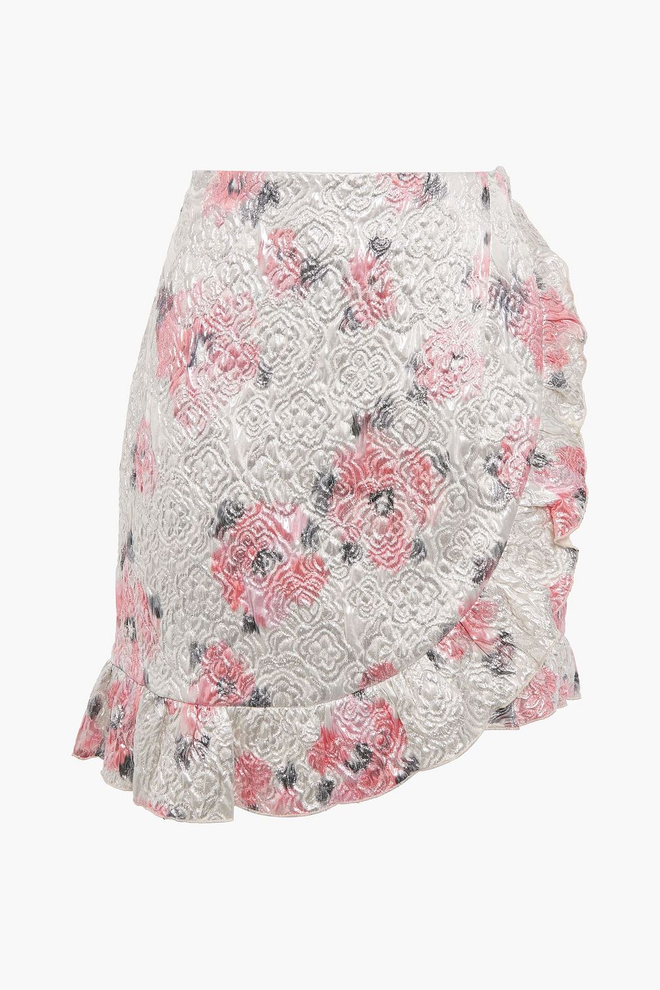 Silver Wrap-effect ruffle-trimmed brocade mini skirt | Sale up to ...