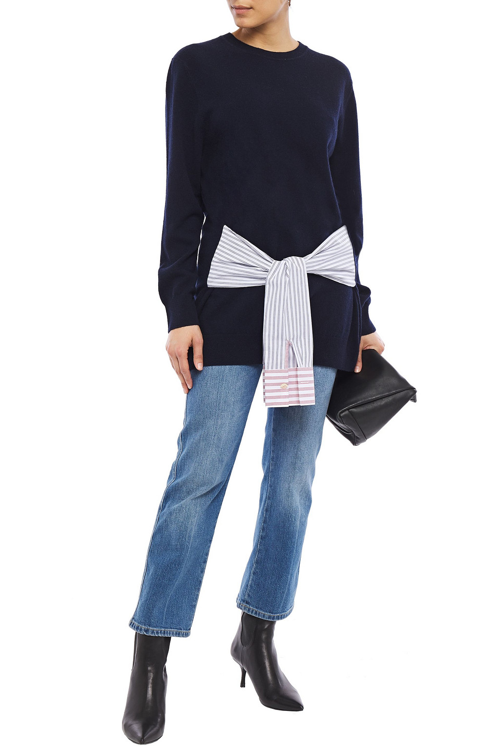 SANDRO Suzanne poplin-trimmed knotted wool and cashmere-blend sweater