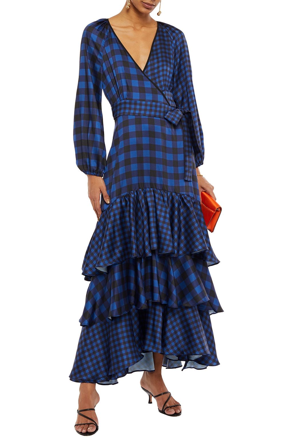PAPER LONDON Neli tiered gingham silk-twill maxi wrap dress