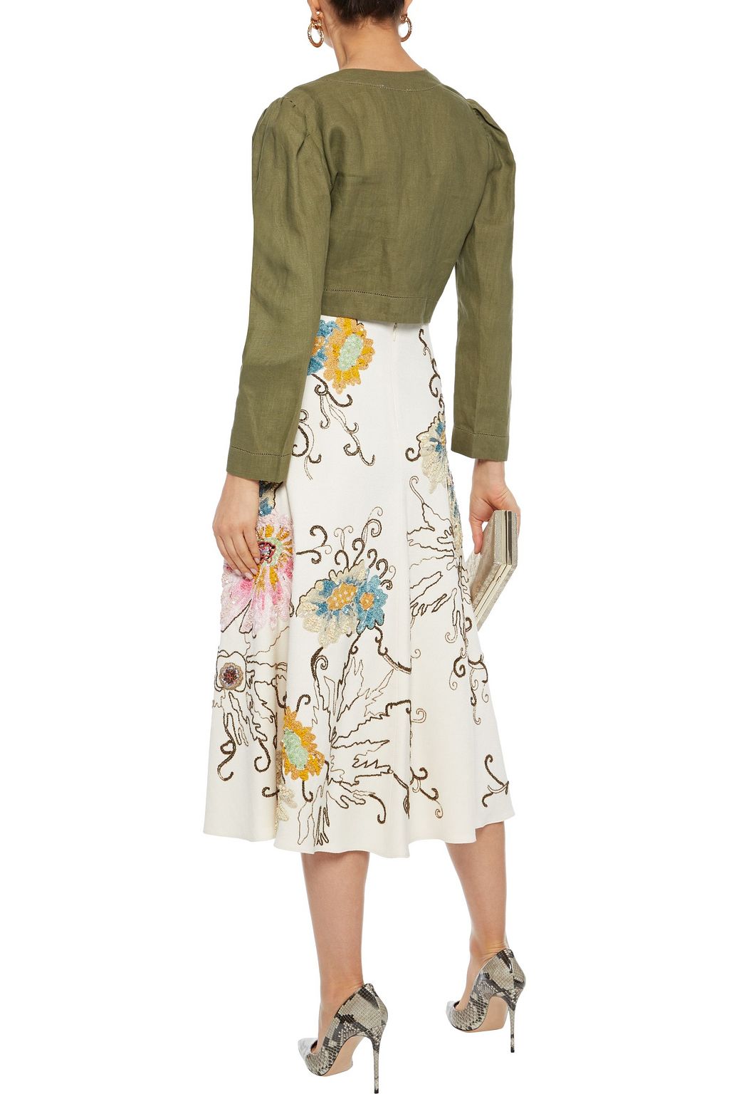 VALENTINO Embellished embroidered wool and silk-blend midi skirt