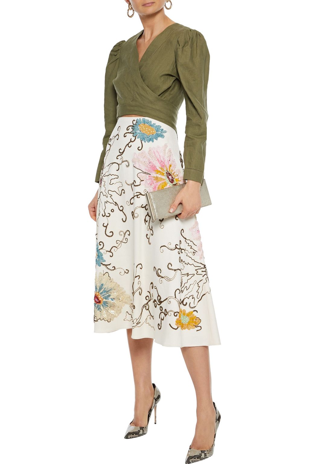 VALENTINO Embellished embroidered wool and silk-blend midi skirt