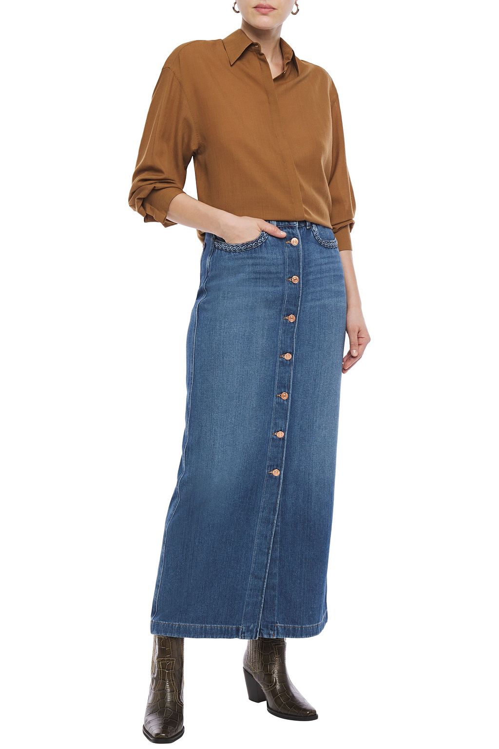 7 FOR ALL MANKIND Braid-trimmed denim maxi skirt