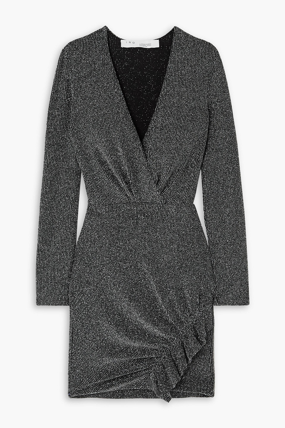 Iro Noize Ruffled Wrap-effect Metallic Ribbed-knit Mini Dress In Black