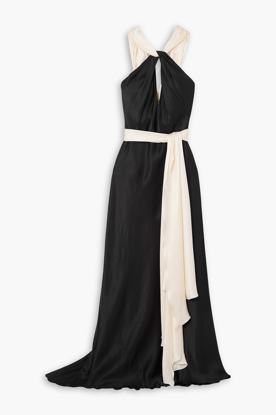 Redemption Belted Two-tone Cutout Silk-satin Gown In Black