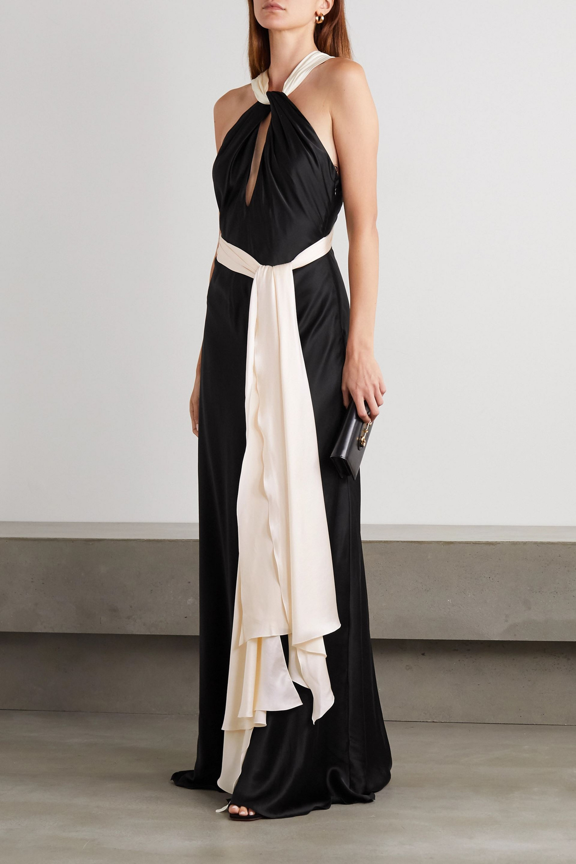REDEMPTION Belted two-tone cutout silk-satin gown