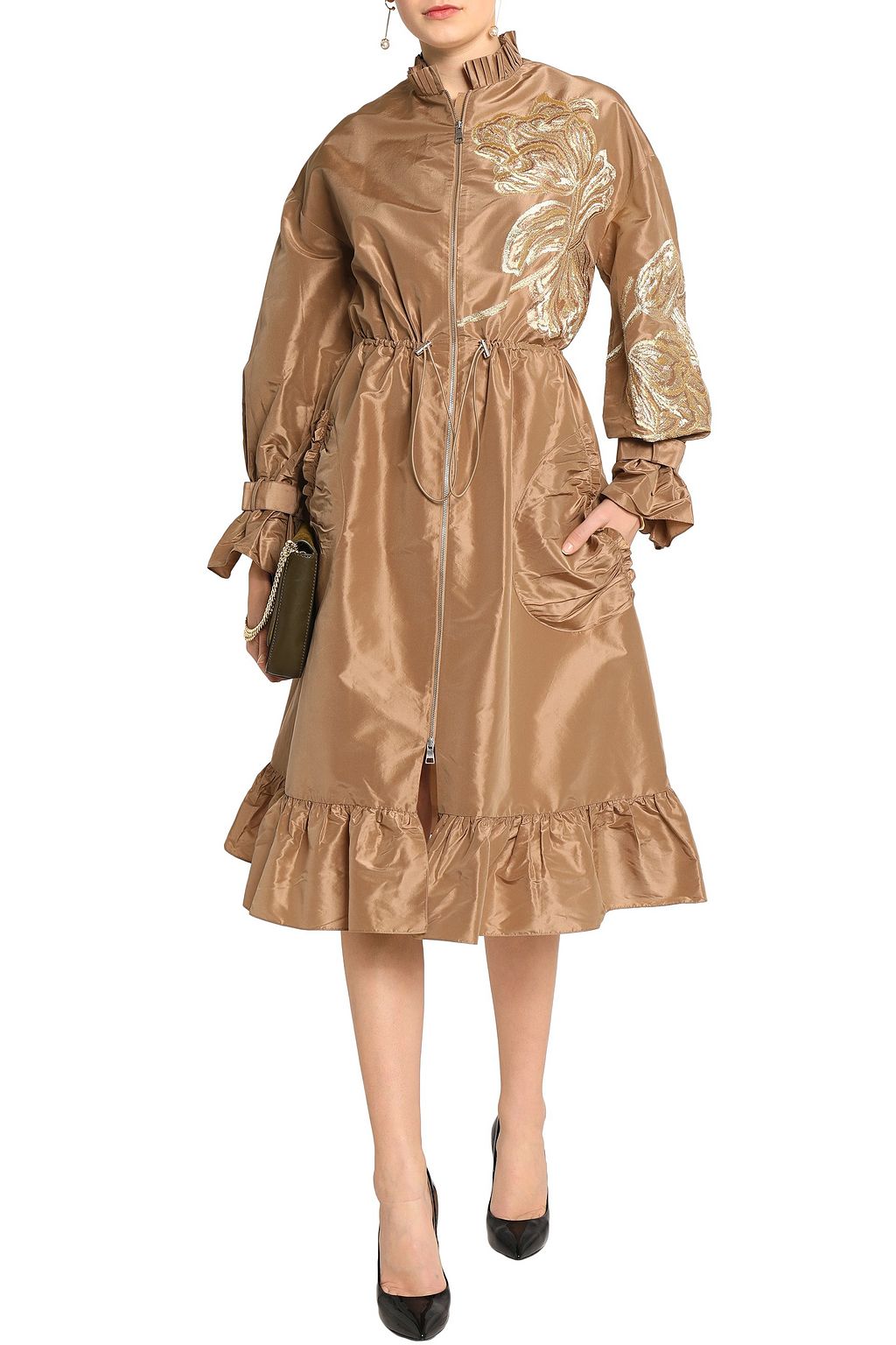 SACHIN & BABI Ruffle-trimmed embroidered silk-taffeta raincoat