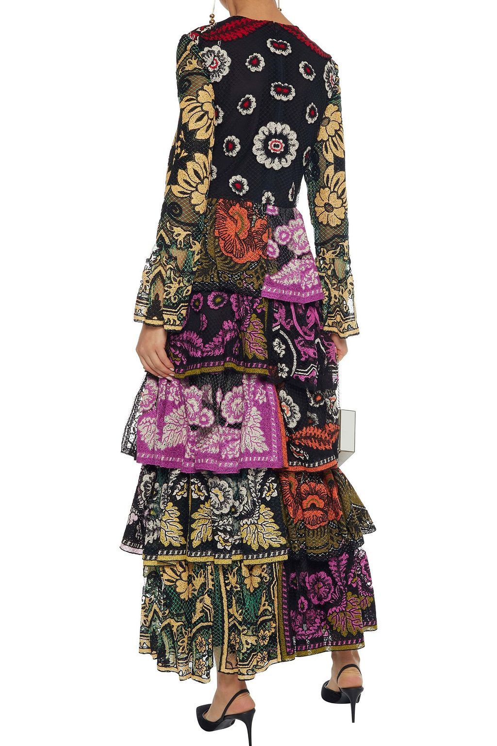 VALENTINO GARAVANI Tiered embroidered fishnet maxi dress
