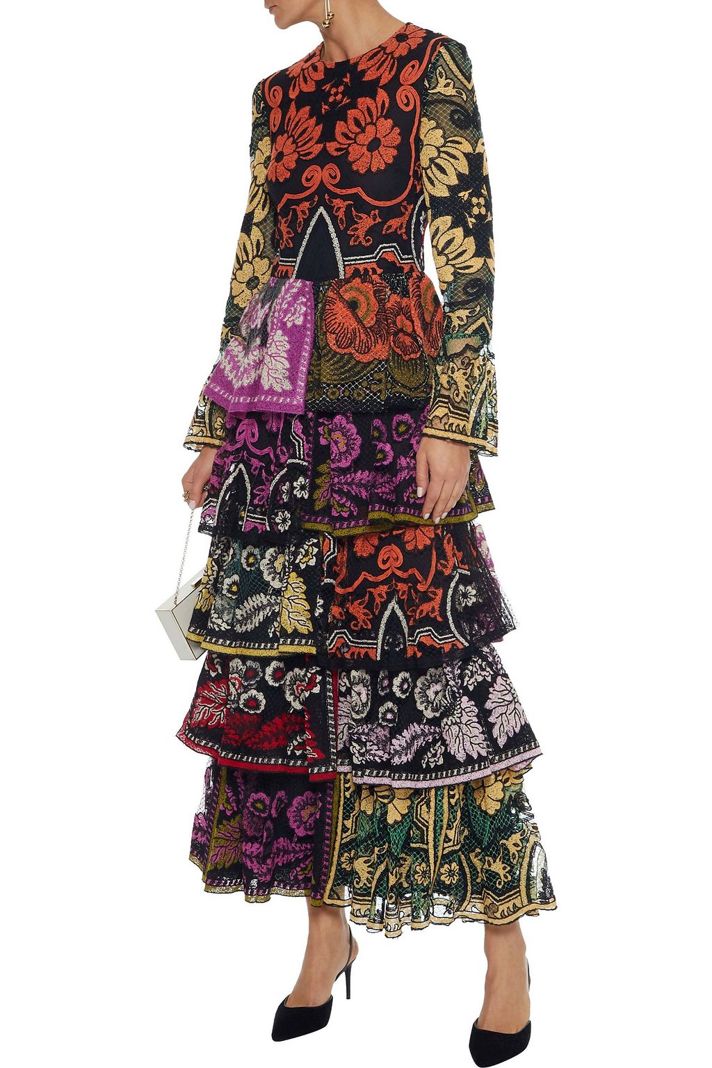 VALENTINO GARAVANI Tiered embroidered fishnet maxi dress