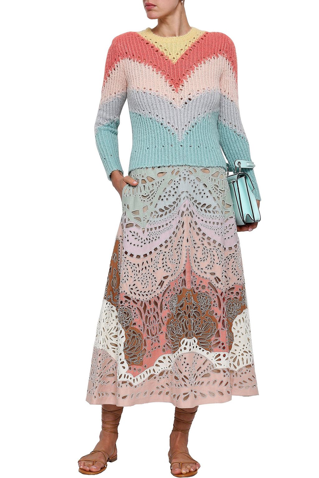 VALENTINO GARAVANI リネン ミディスカート ビーズ付き イギリス刺繍