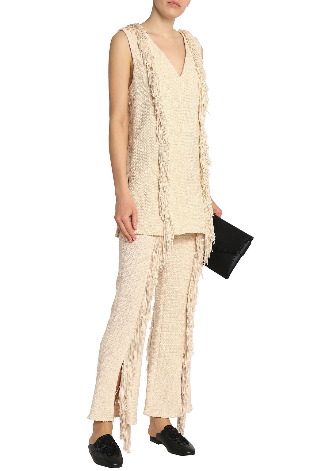 GOEN.J Fringe-trimmed tweed bootcut pants