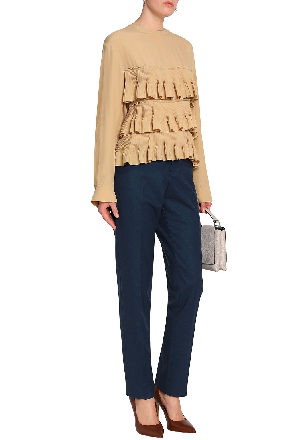 MARNI Tiered plissé crepe de chine blouse