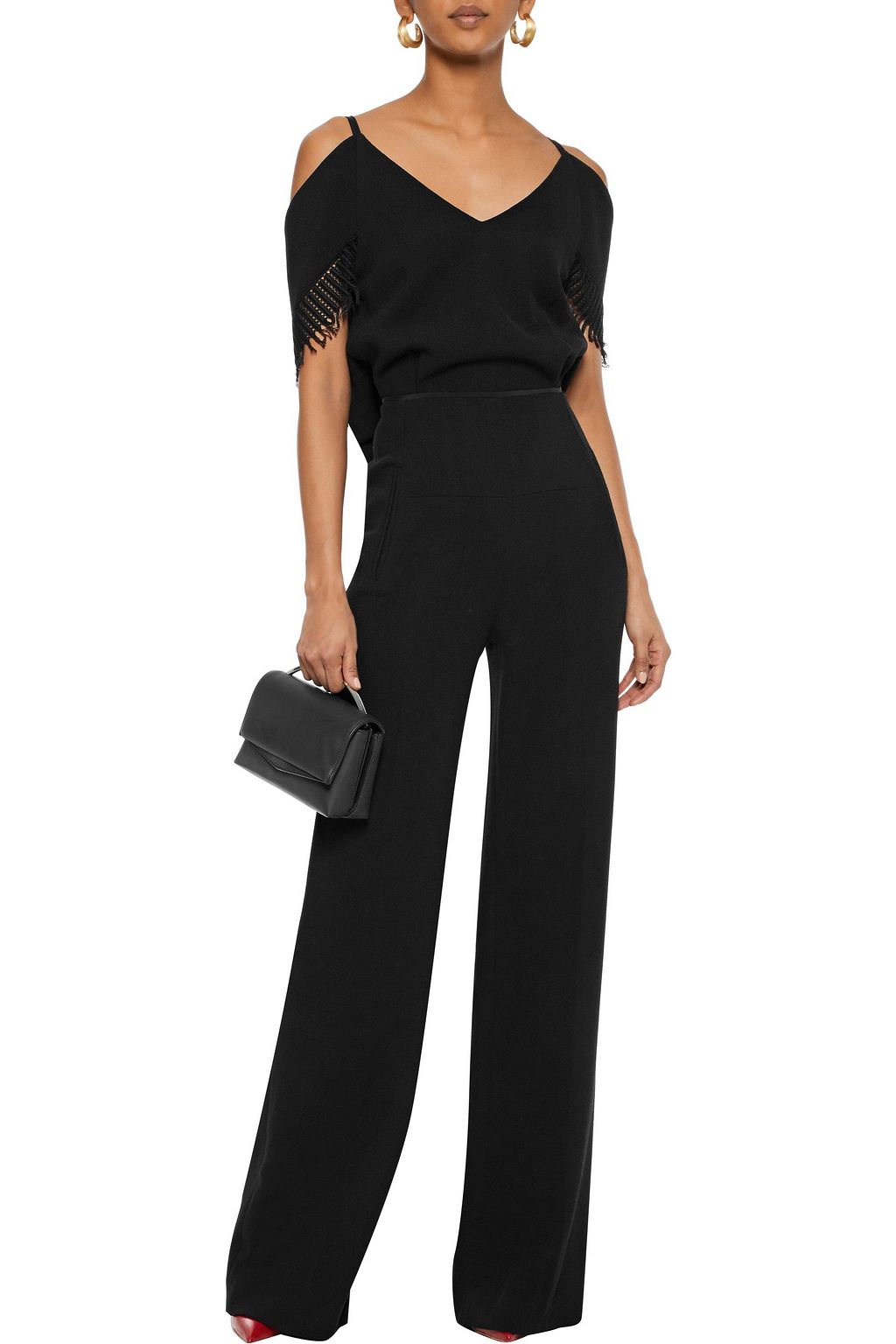 ROLAND MOURET Burnstein cold-shoulder fringed-trimmed wool-crepe jumpsuit