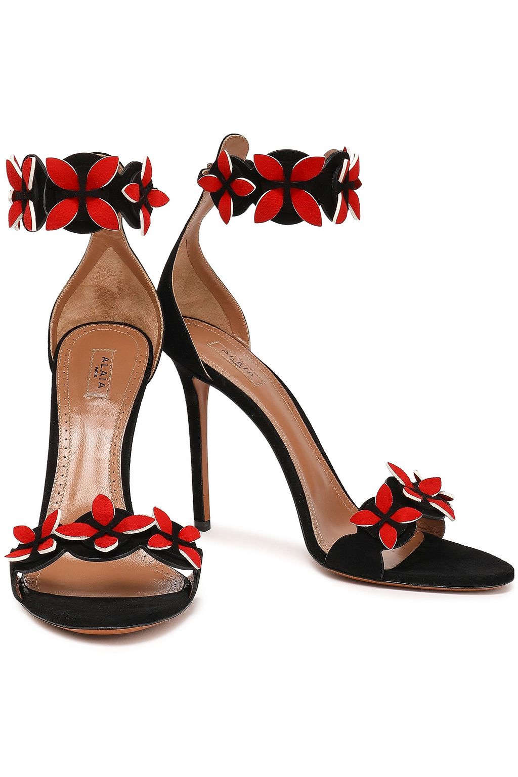 ALAÏA Sandalen aus Veloursleder mit floralen Applikationen