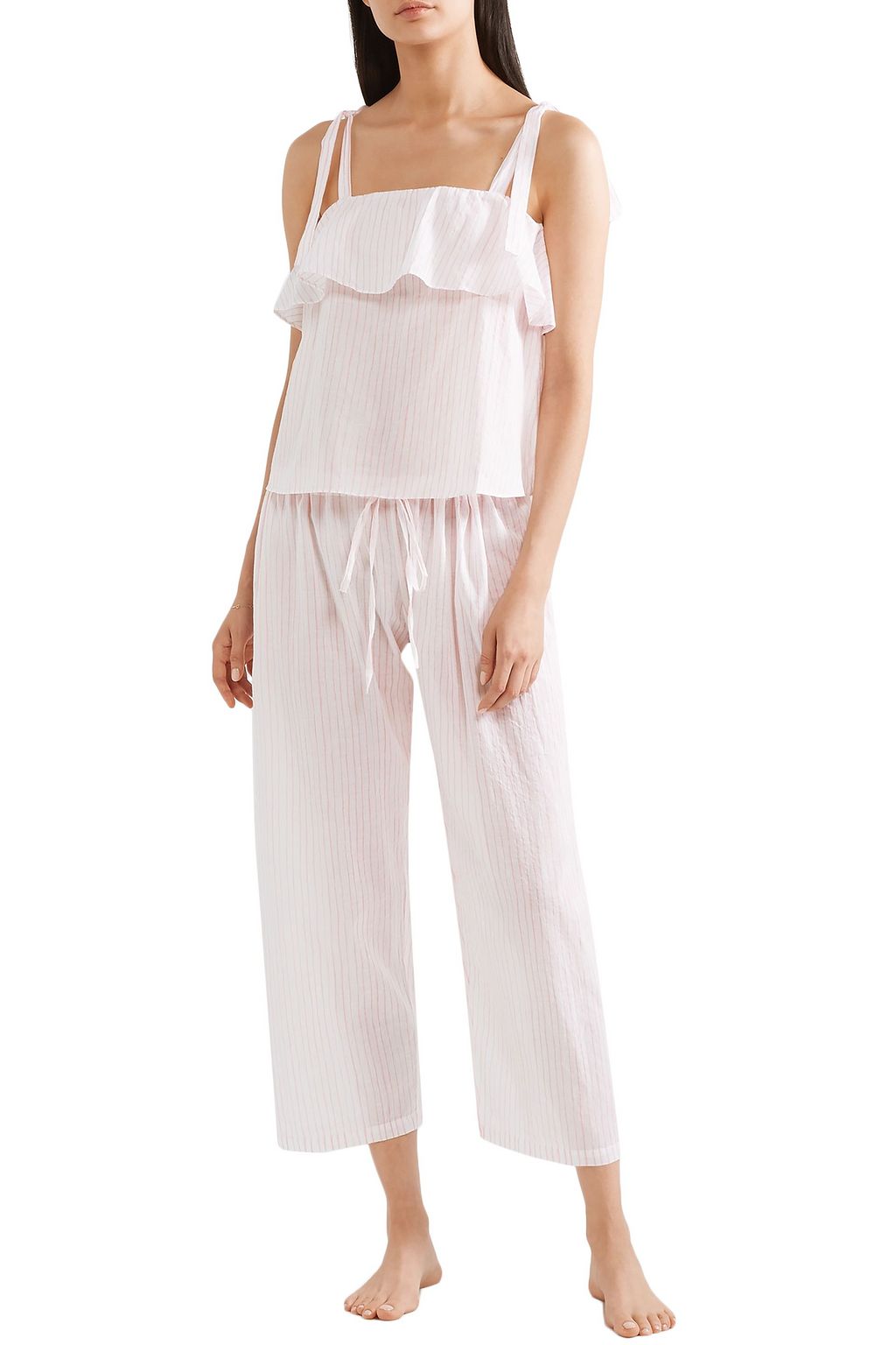 POUR LES FEMMES Ruffled striped cotton-voile pajama top