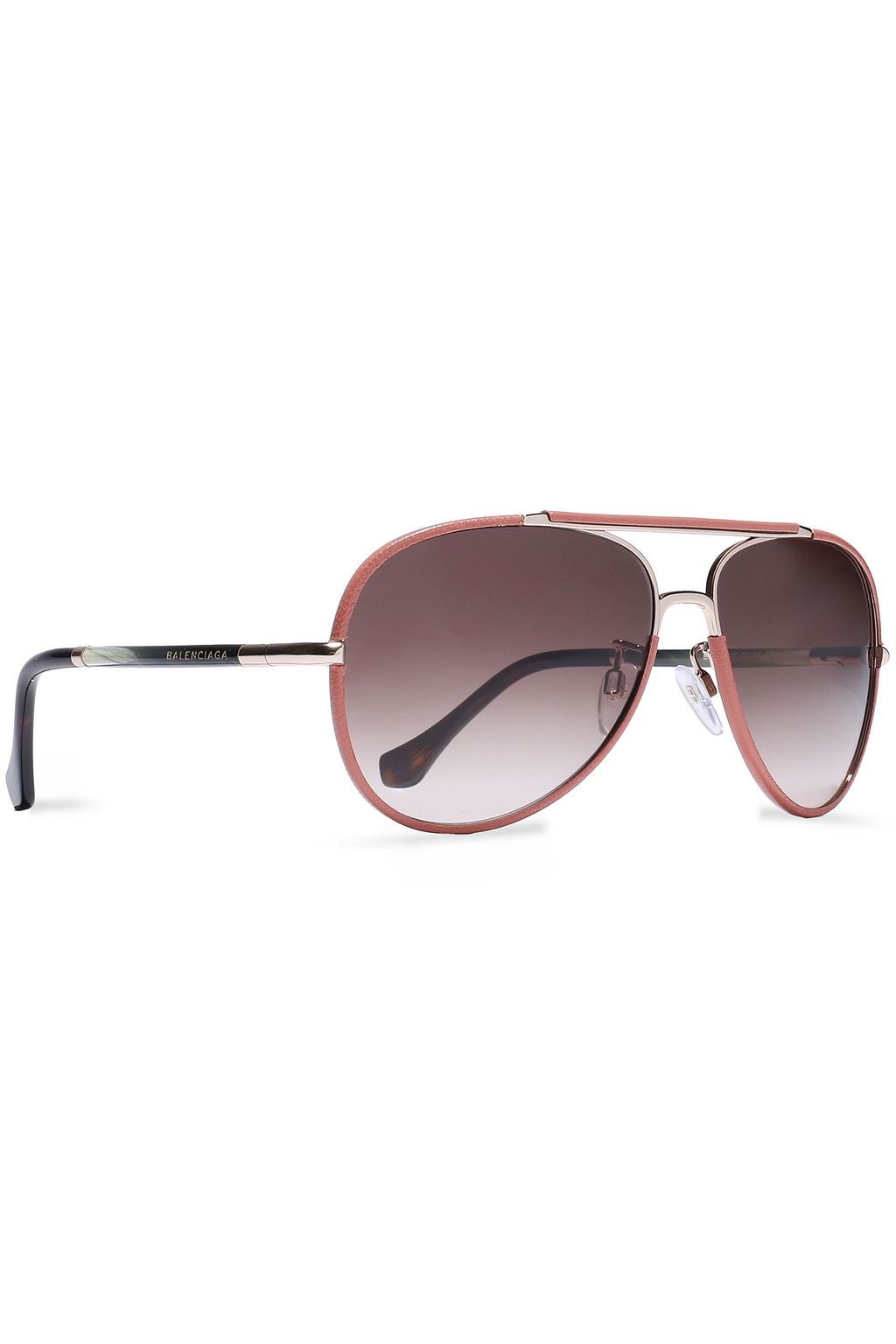 BALENCIAGA Aviator-style leather-trimmed, rose gold-tone and acetate sunglasses
