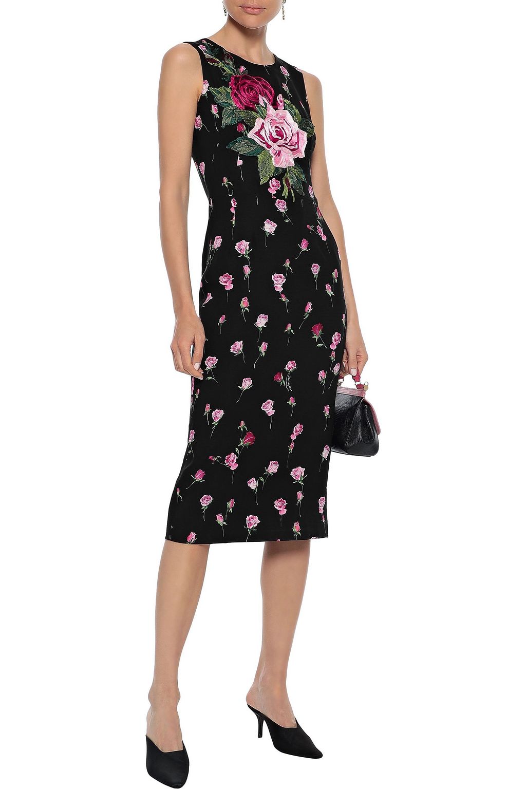 DOLCE&GABBANA Appliquéd floral-print stretch-silk dress