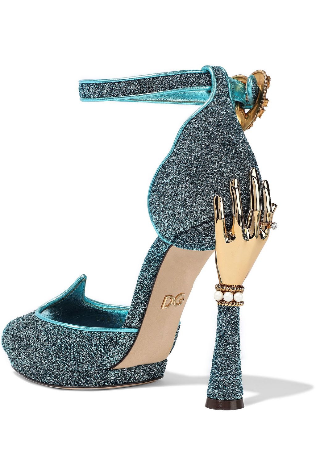 DOLCE & GABBANA Bette embellished glittered metallic leather sandals ...