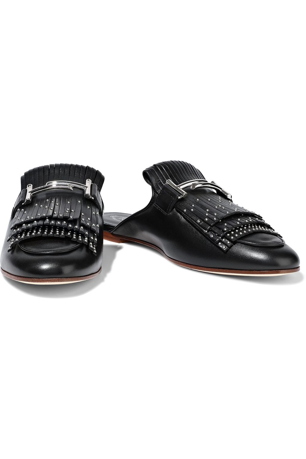 TOD'S Embellished fringed leather slippers