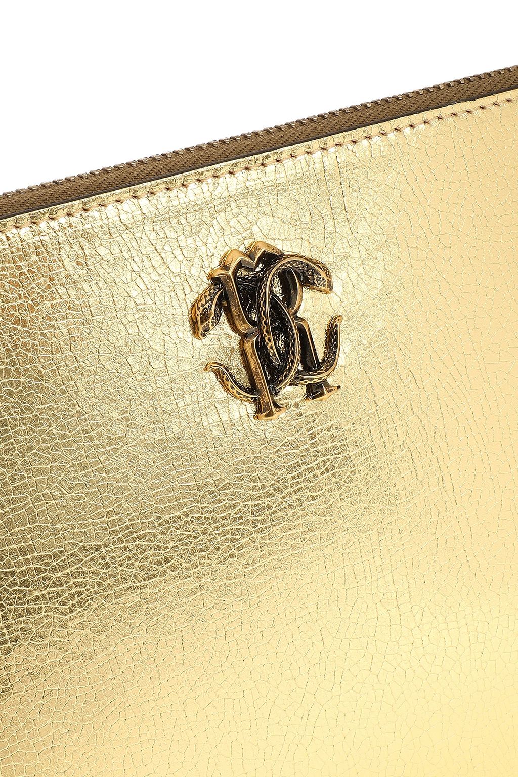 ROBERTO CAVALLI Logo-embellished metallic cracked-leather pouch