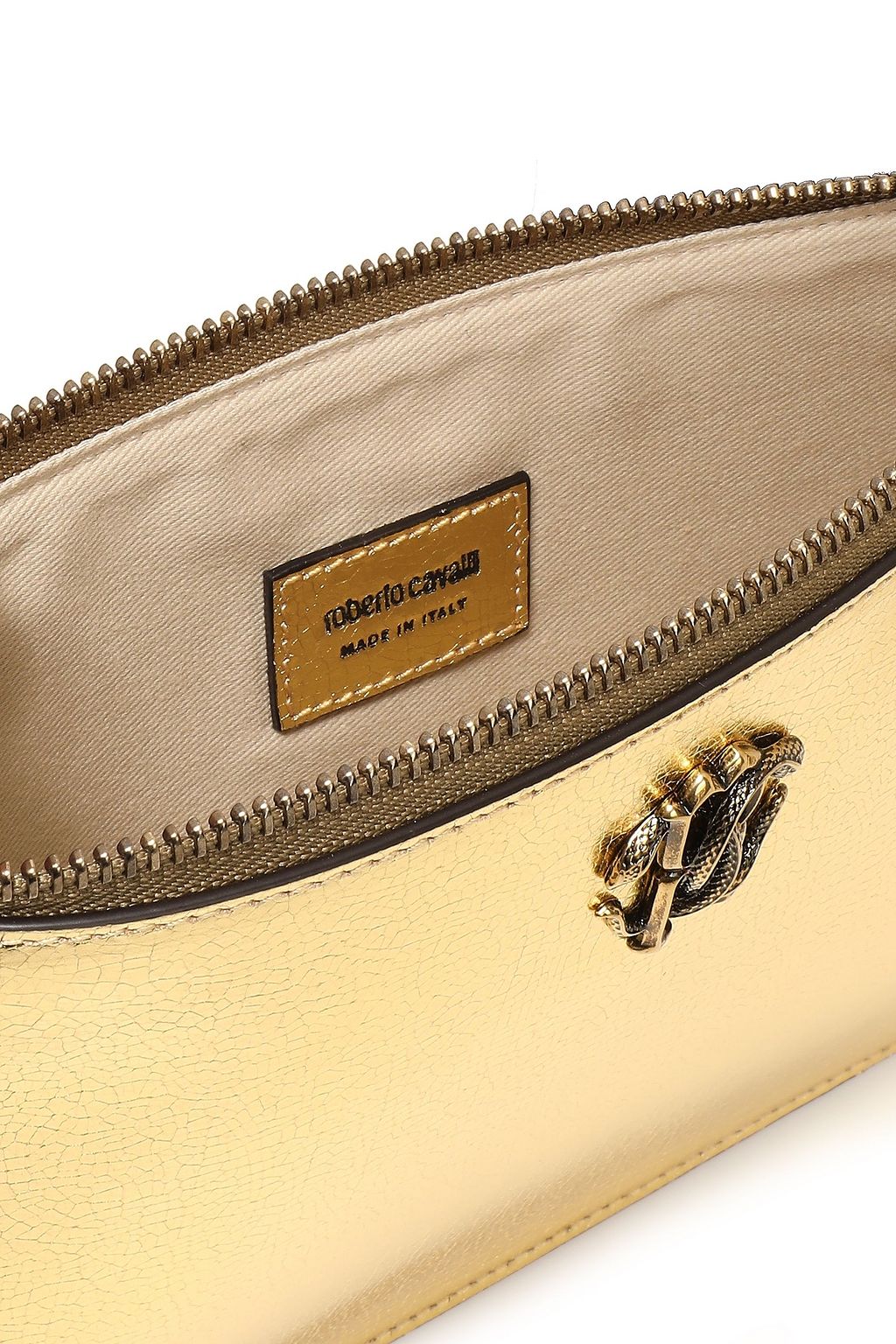 ROBERTO CAVALLI Logo-embellished metallic cracked-leather pouch
