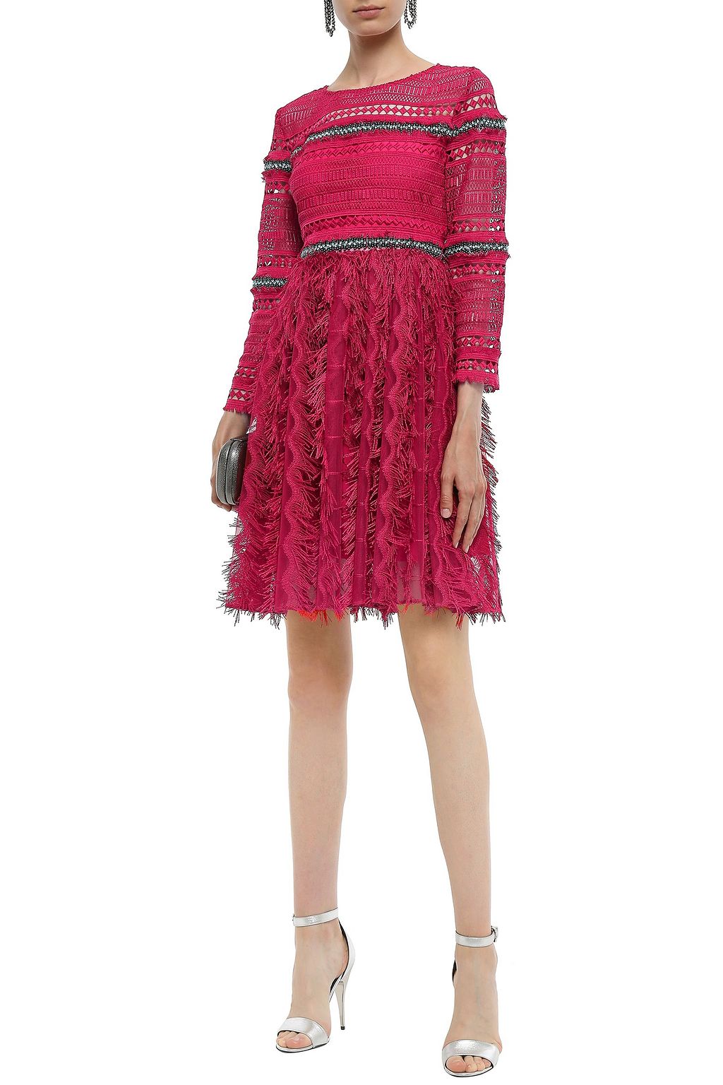 JUST CAVALLI Embellished crochet and embroidered tulle mini dress
