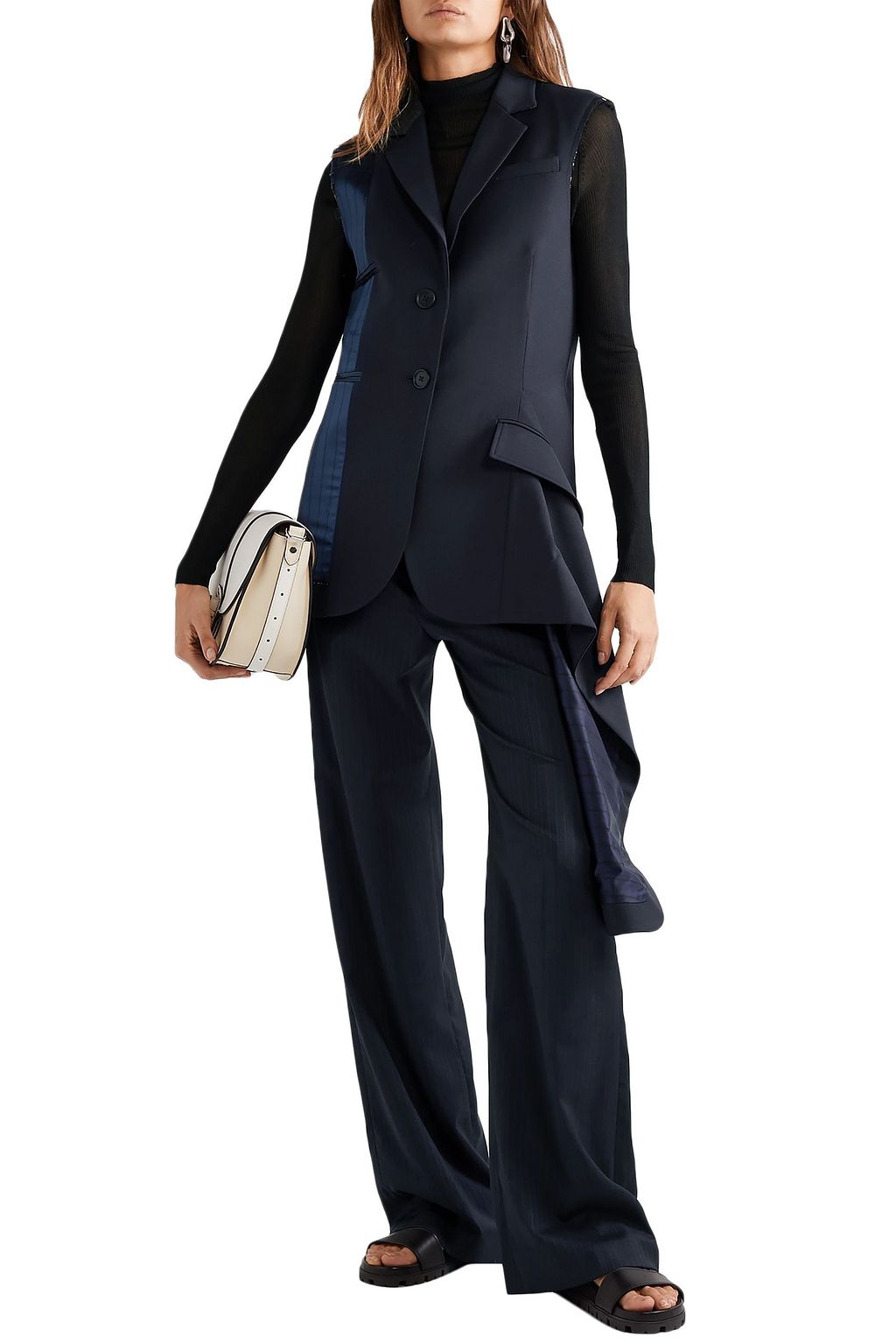 MONSE Asymmetric distressed pinstriped satin and wool-blend vest