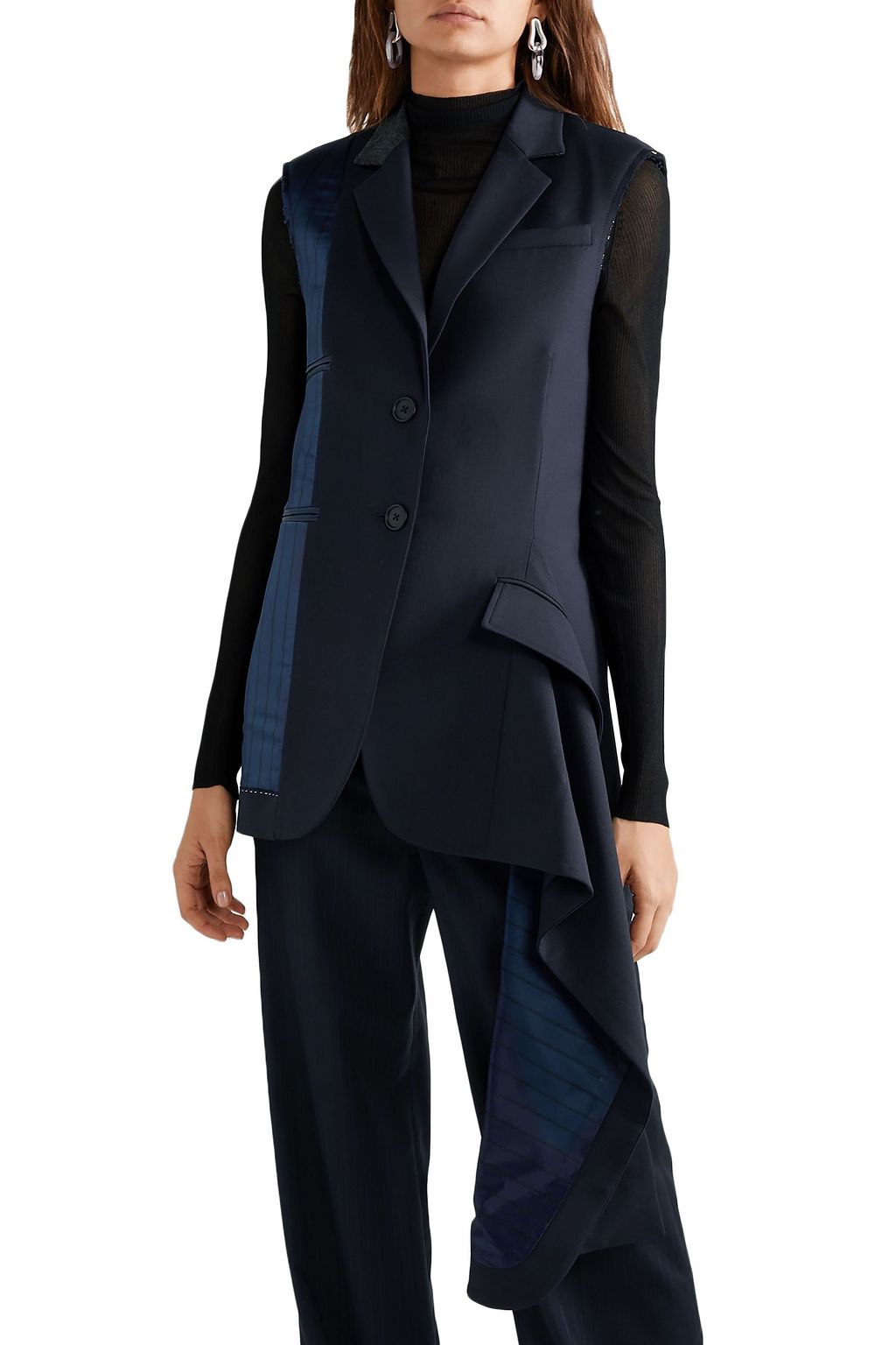 MONSE Asymmetric distressed pinstriped satin and wool-blend vest