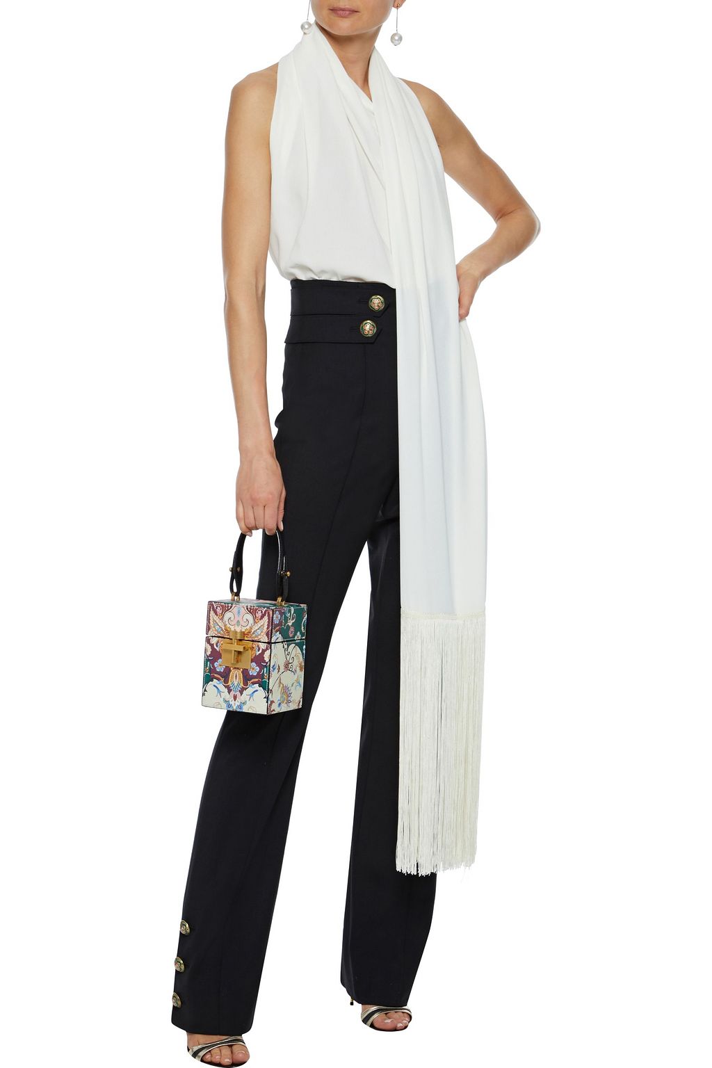 OSCAR DE LA RENTA Fringe-trimmed draped crepe halterneck top