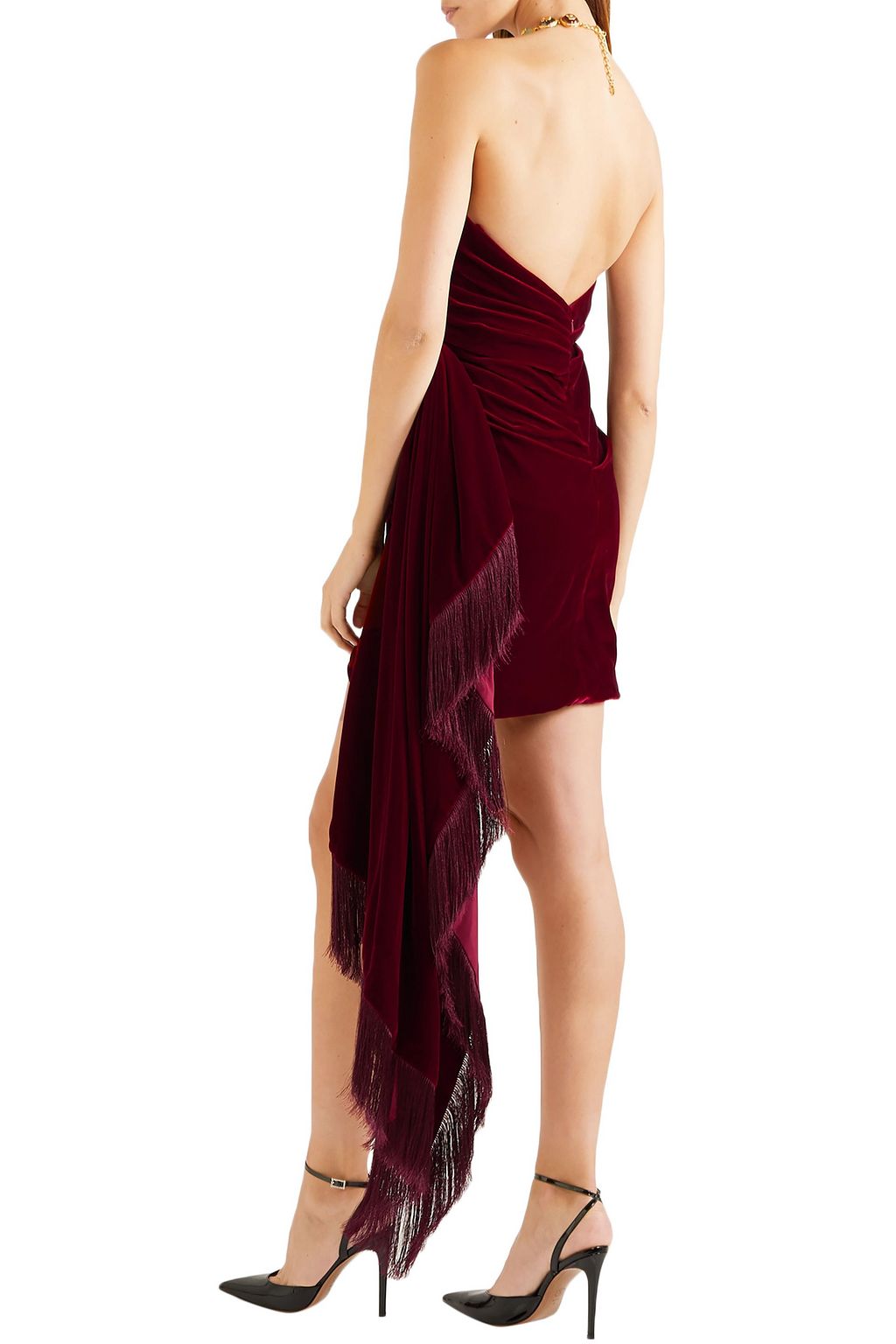 OSCAR DE LA RENTA Strapless fringed draped velvet mini dress