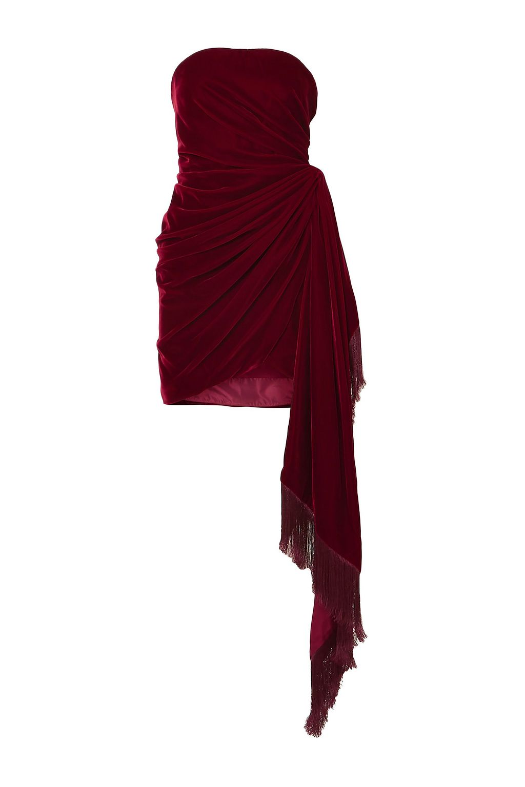 Merlot Strapless fringed draped velvet ...