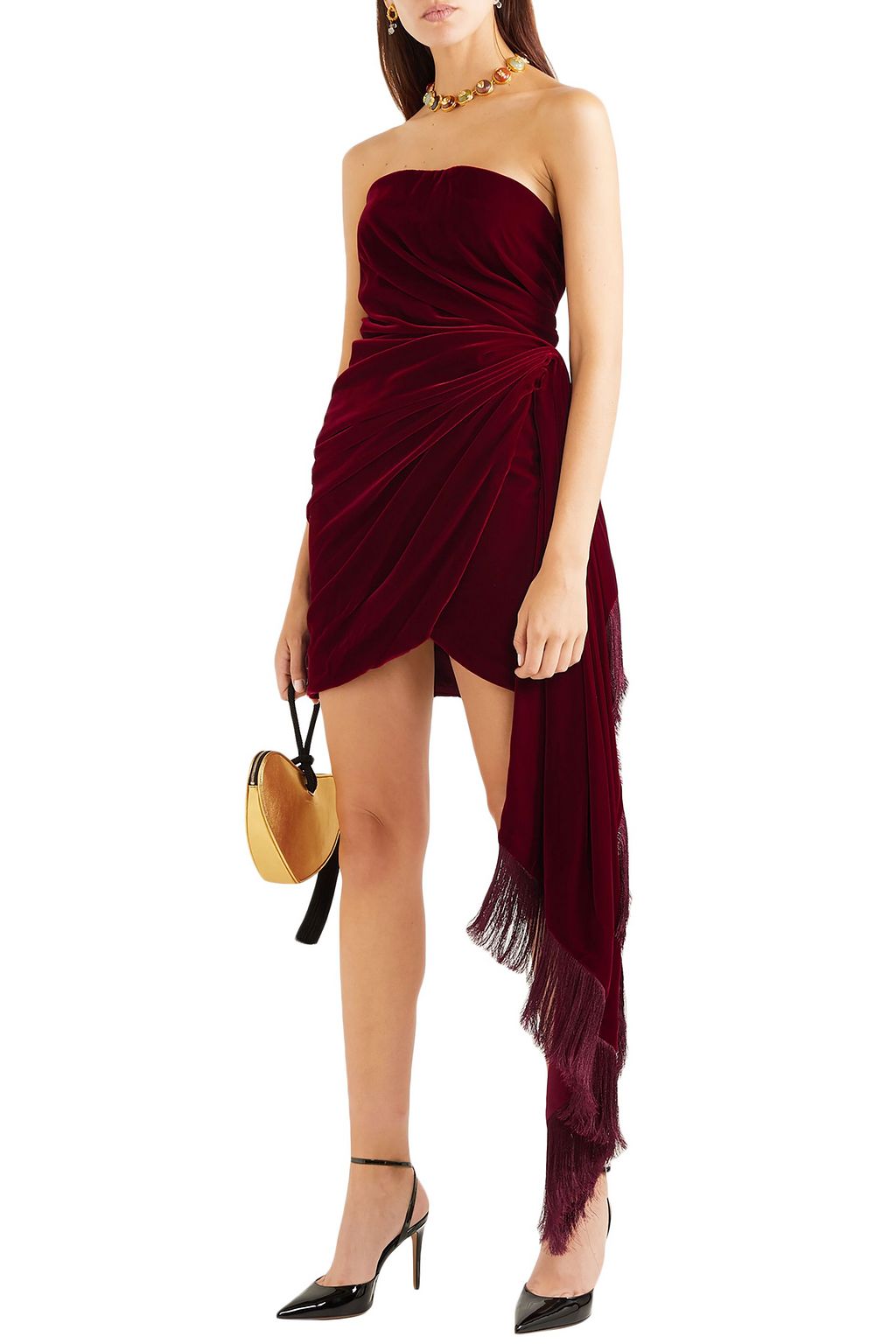 OSCAR DE LA RENTA Strapless fringed draped velvet mini dress