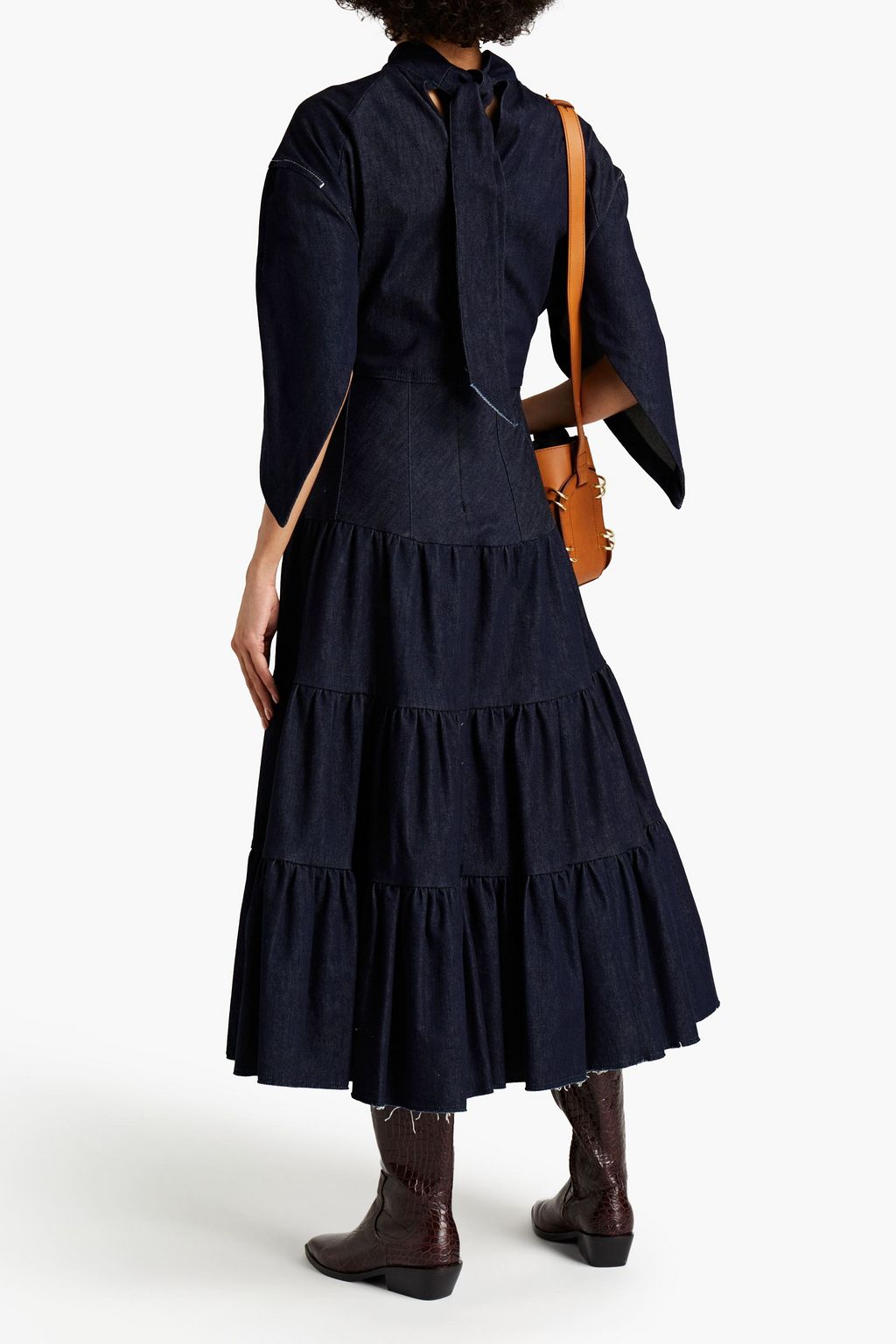 CHLOÉ Tie-neck frayed denim midi dress
