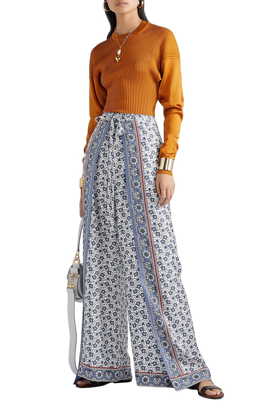 CHLOÉ Layered printed silk-twill wide-leg pants
