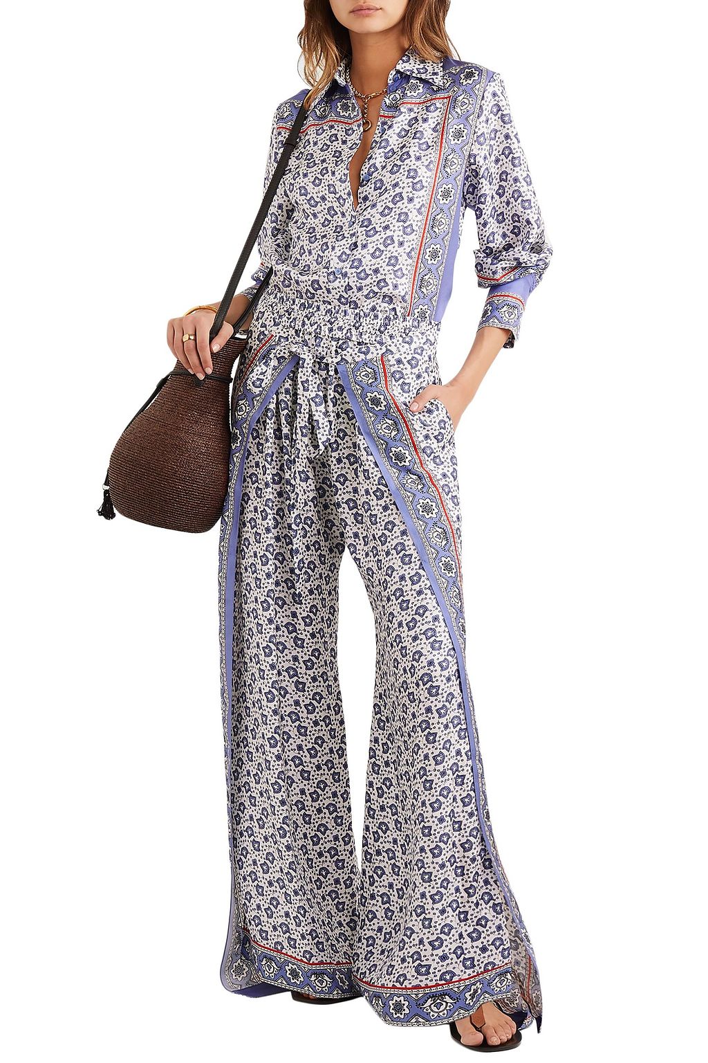 CHLOÉ Layered printed silk-twill wide-leg pants