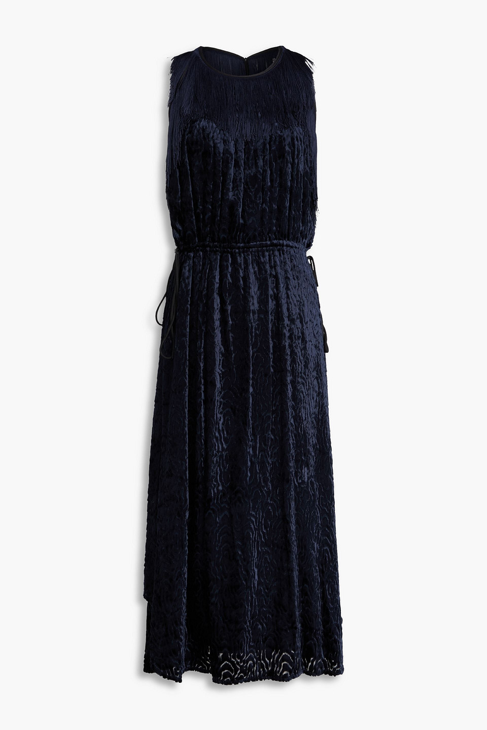 By Malene Birger Fringed Devoré-velvet Midi Dress In Blue