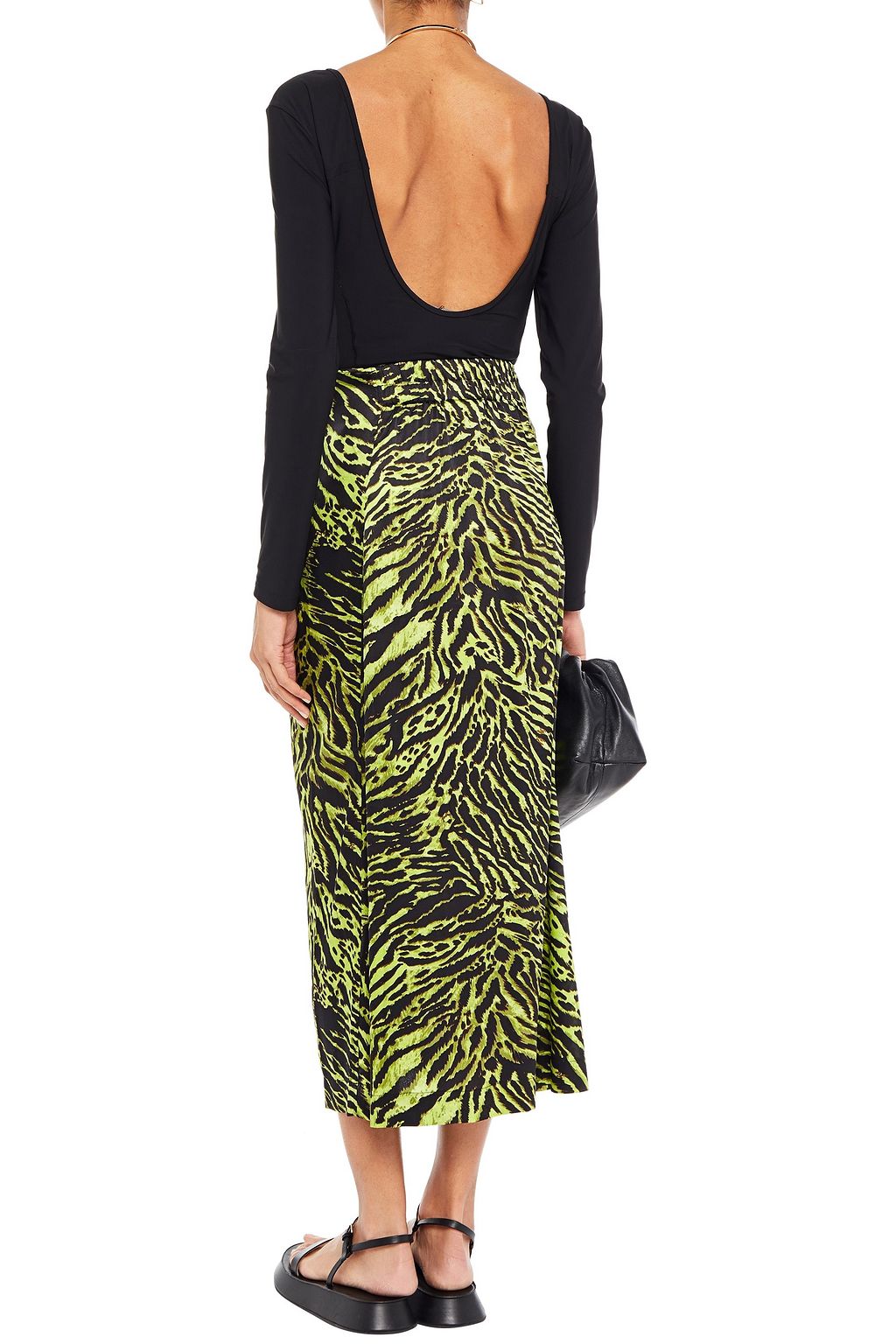GANNI Tie-front printed stretch-silk satin midi skirt