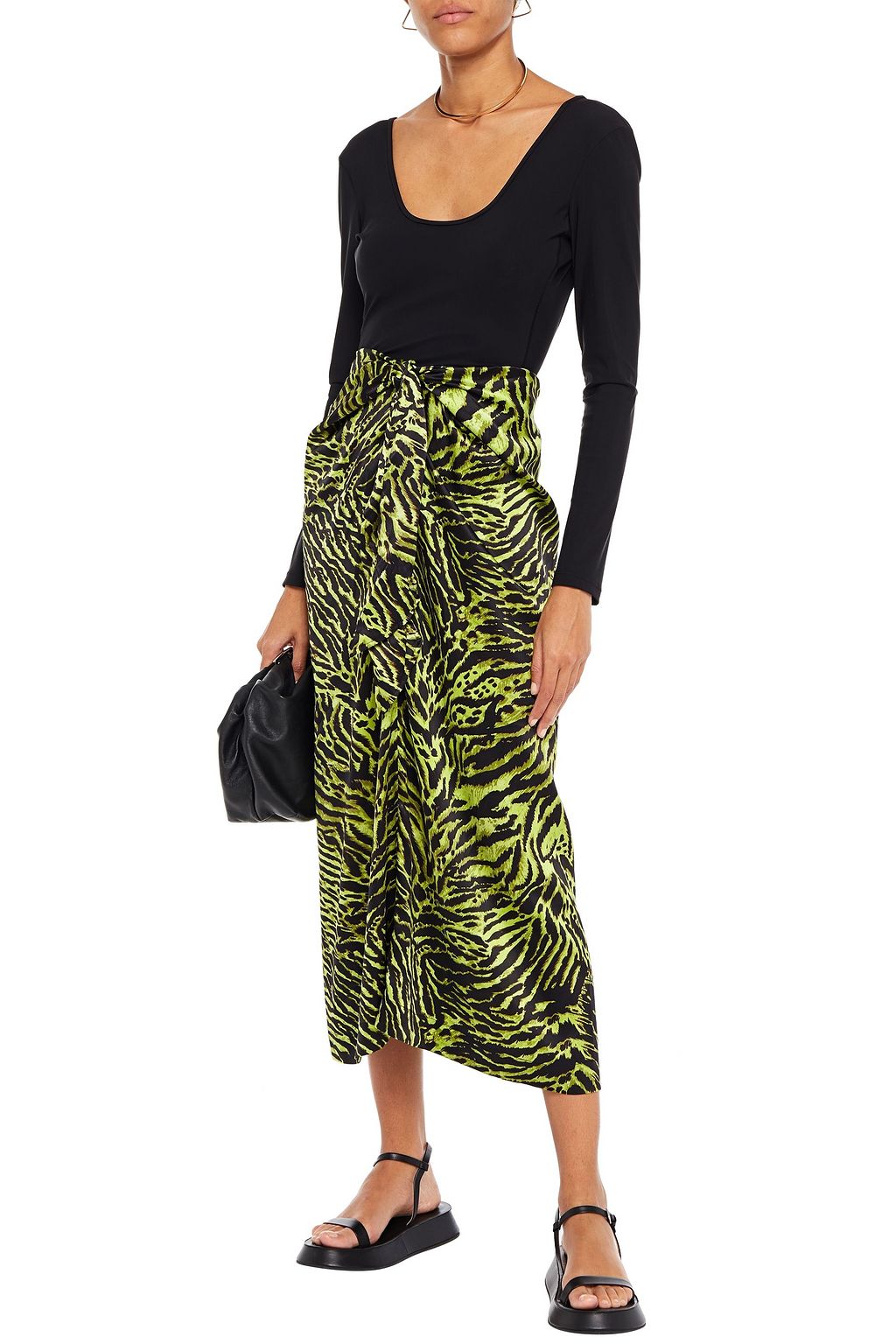 GANNI Tie-front printed stretch-silk satin midi skirt